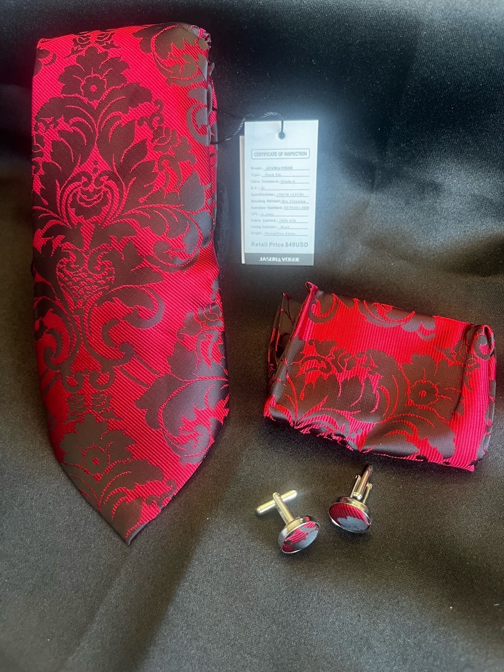 Red Tie Set with Pocket Square and Cufflinks